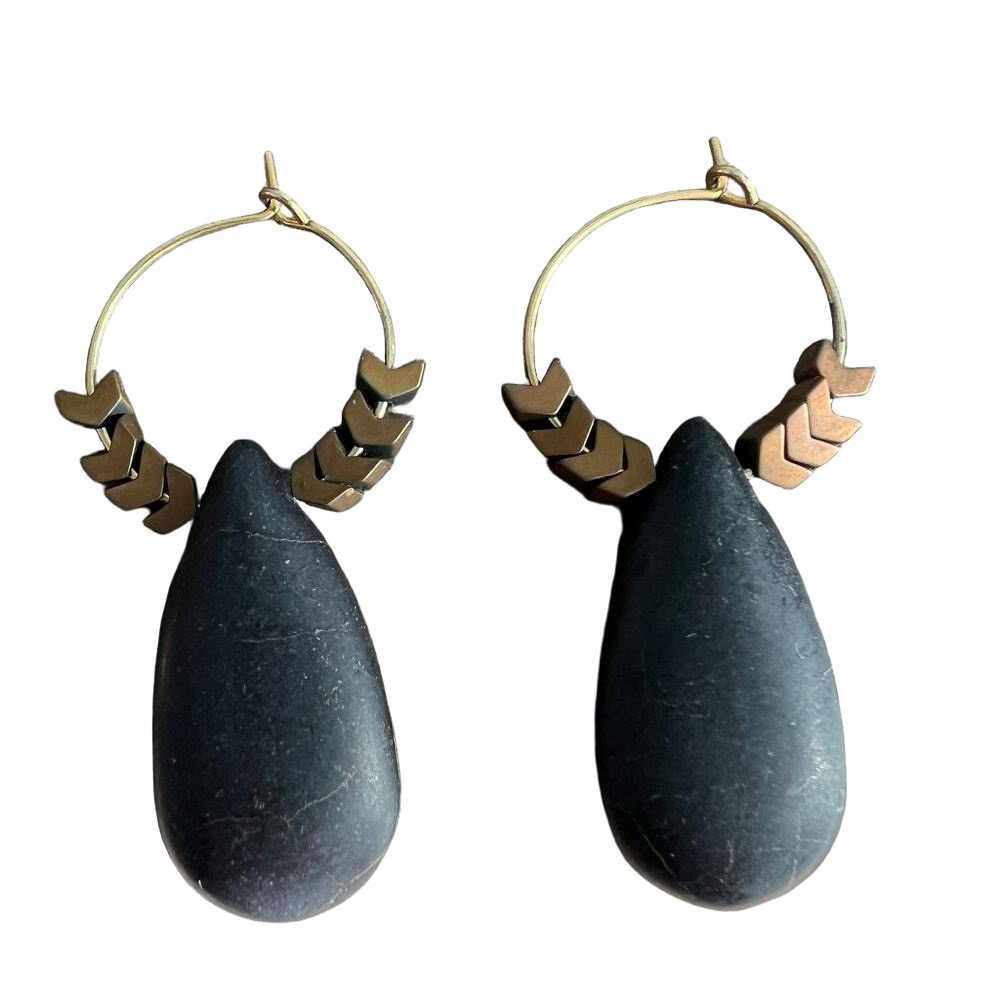 🍭6/$30 Black and antique gold tone chevron boho dangle hoop earrings